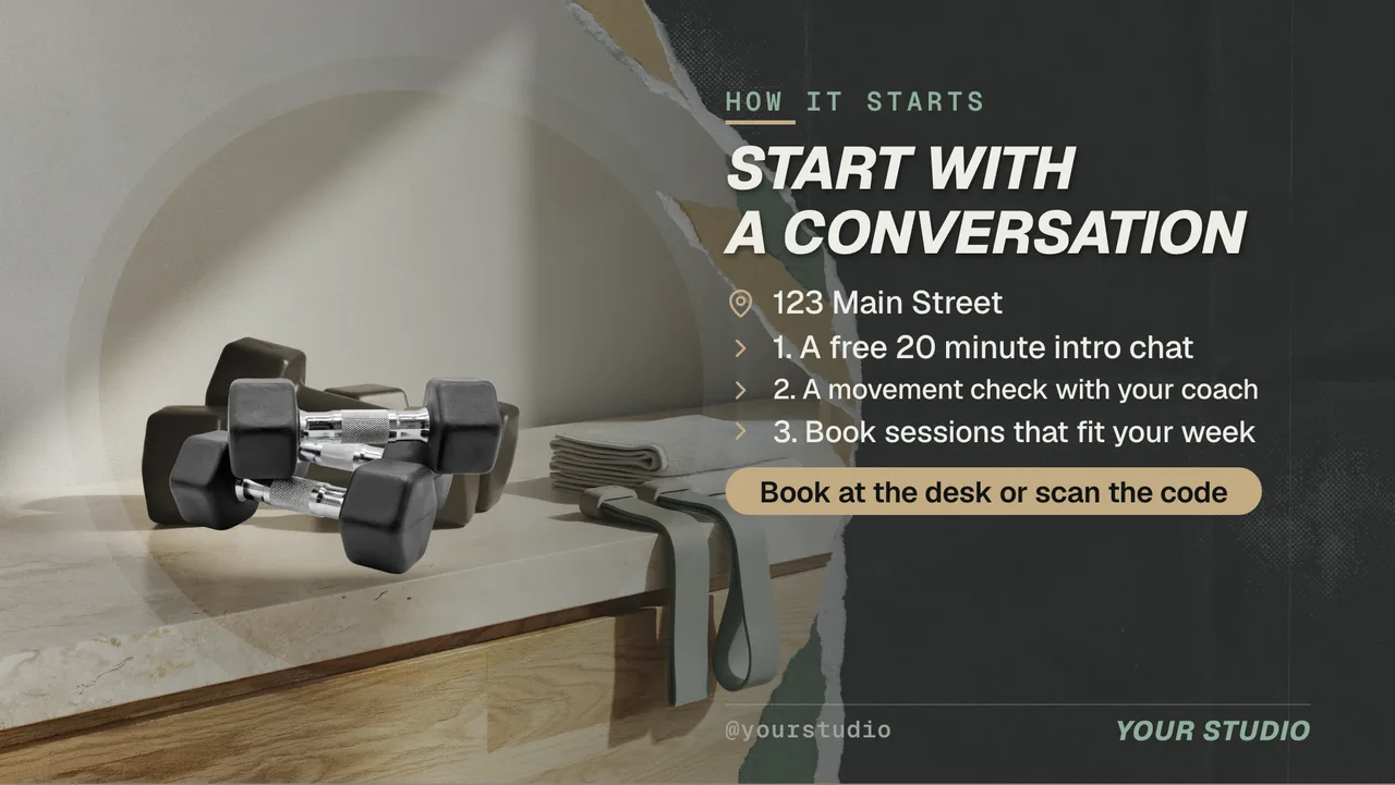 Personal trainer profile TV screen · Landscape for a personal training studio: slide 4 of 4, the address, hours and how to book or order