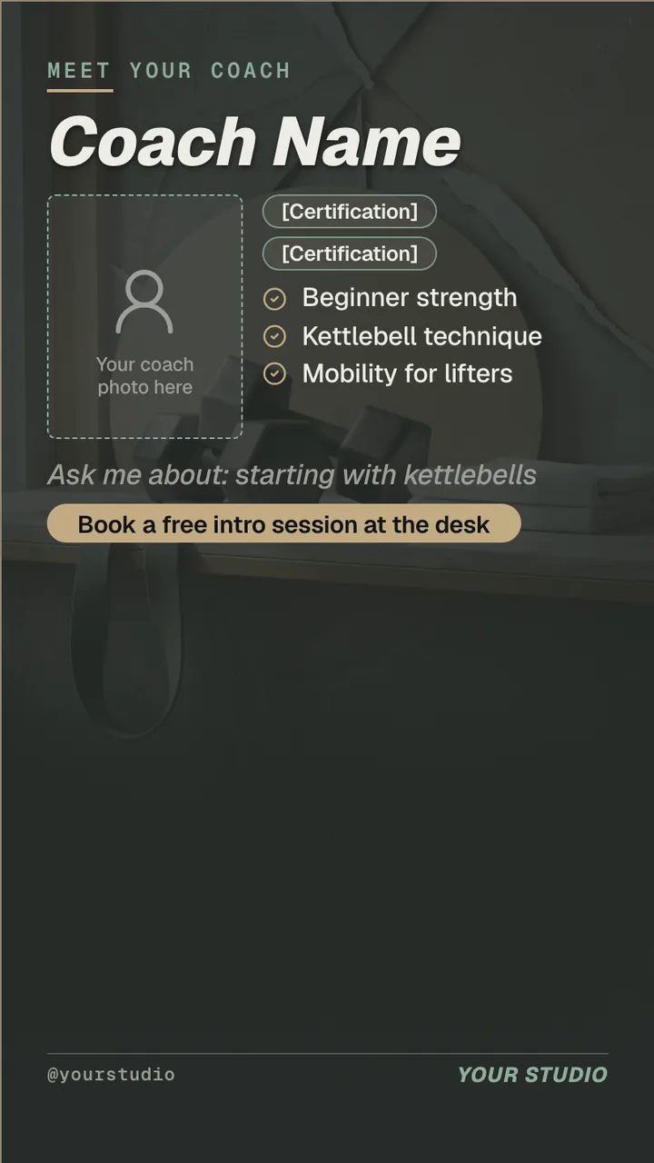 Personal trainer profile TV screen · Portrait for a personal training studio: slide 2 of 4, a staff profile with a photo placeholder
