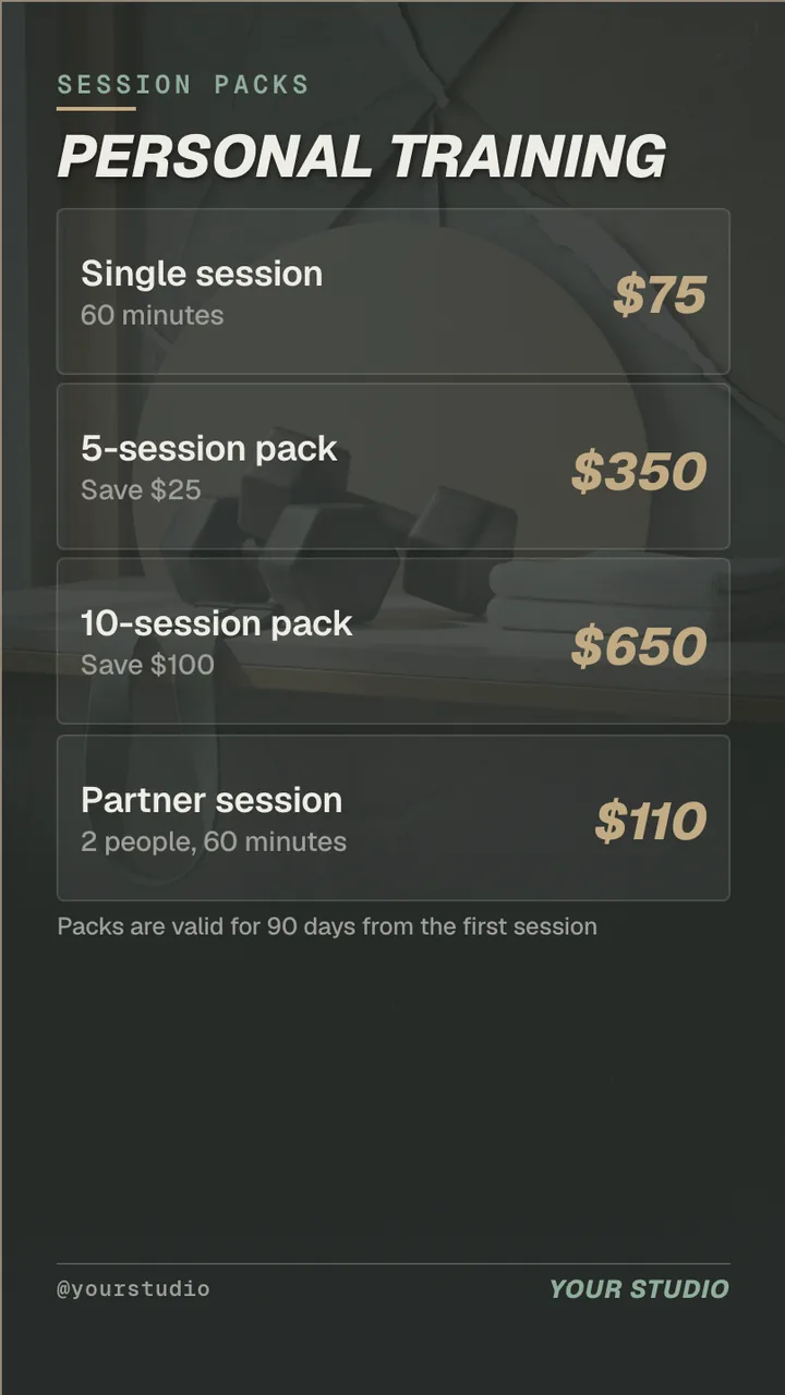 Personal trainer profile TV screen · Portrait for a personal training studio: slide 3 of 4, the list of services and options