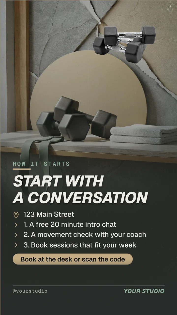 Personal trainer profile TV screen · Portrait for a personal training studio: slide 4 of 4, the address, hours and how to book or order