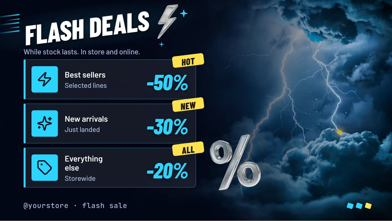 Electric storm flash sale screen · Landscape for a store running a 24 hour flash sale: slide 2 of 3, the discount tiers
