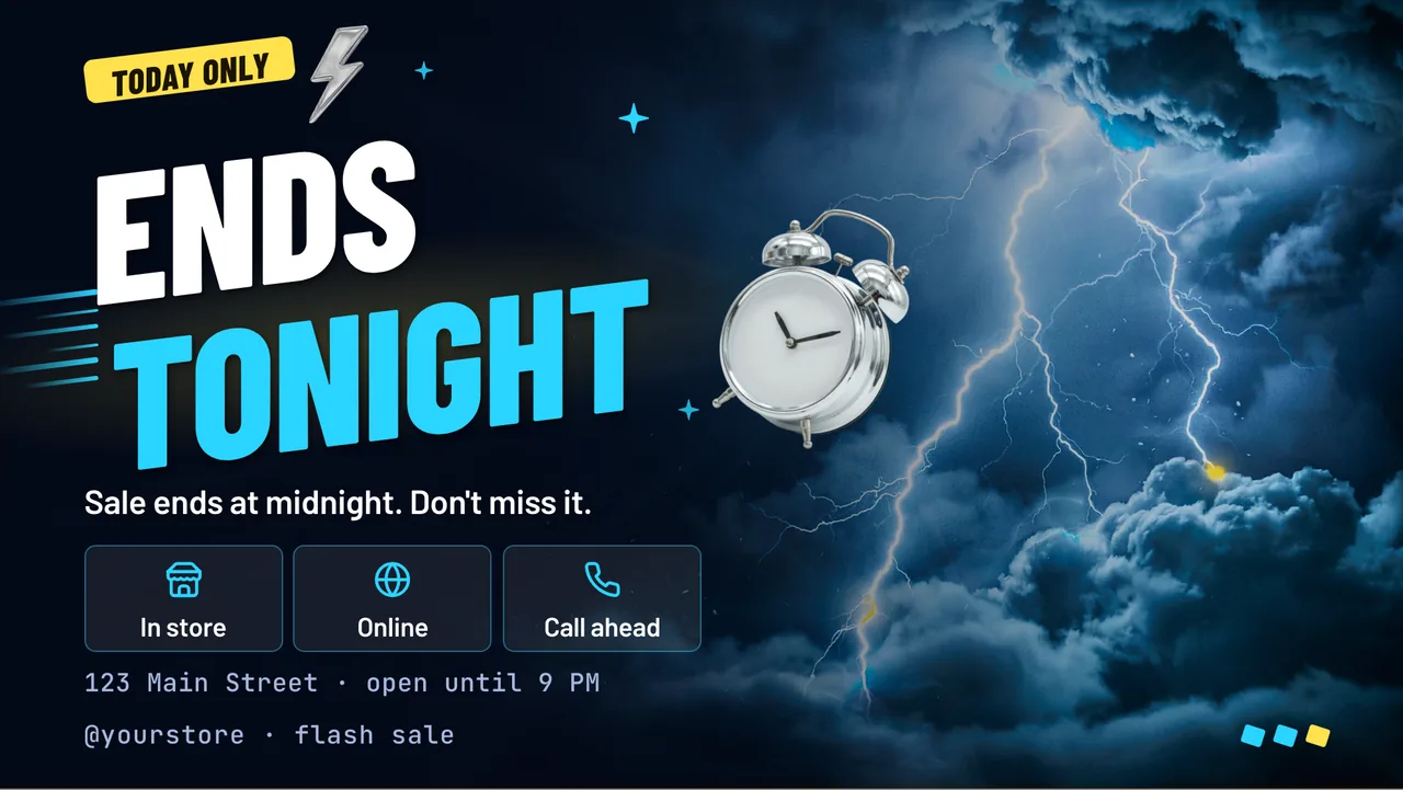 Electric storm flash sale screen · Landscape for a store running a 24 hour flash sale: slide 3 of 3, the countdown and where to shop