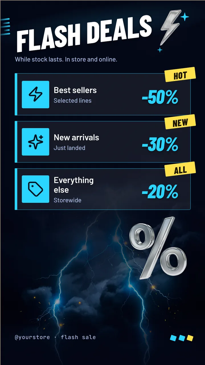 Electric storm flash sale screen · Portrait for a store running a 24 hour flash sale: slide 2 of 3, the discount tiers