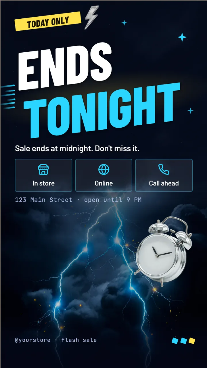 Electric storm flash sale screen · Portrait for a store running a 24 hour flash sale: slide 3 of 3, the countdown and where to shop