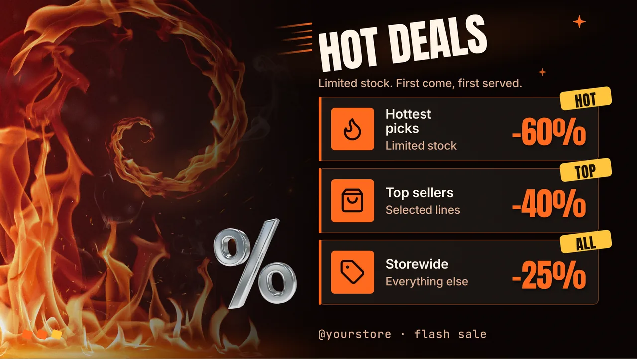 Fire flash sale screen · Landscape for a clothing store or boutique: slide 2 of 3, the discount tiers