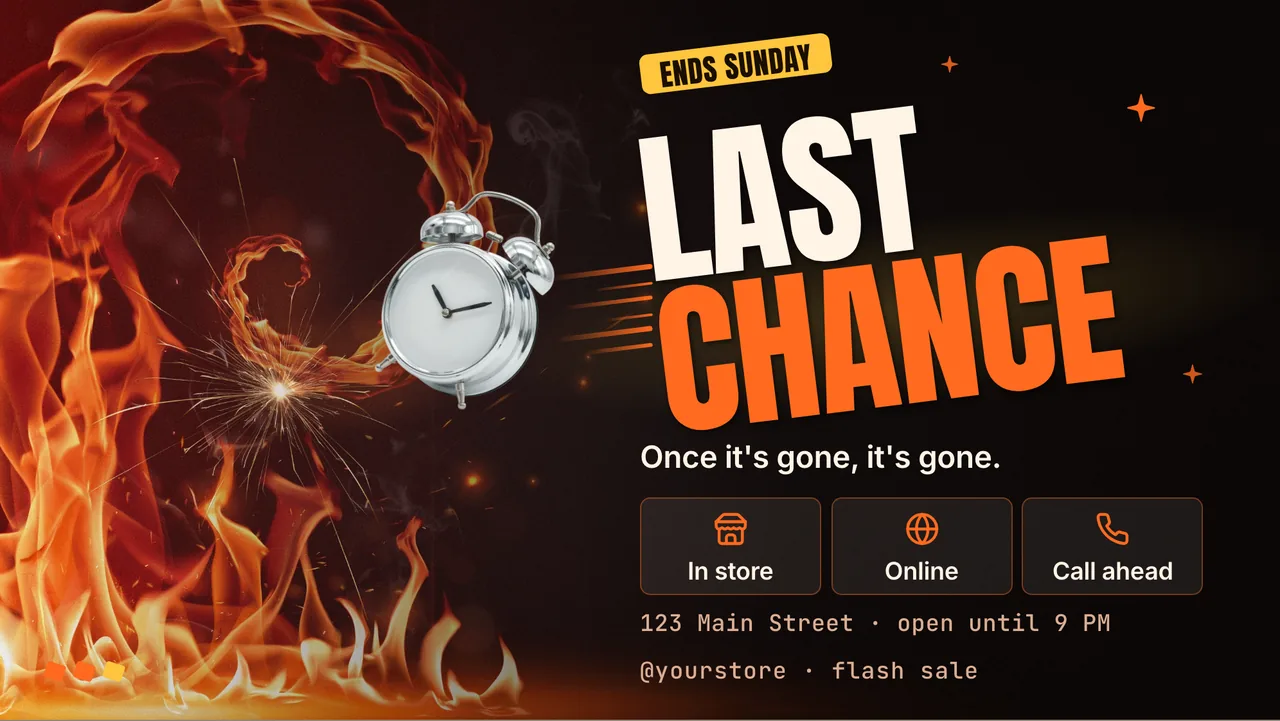 Fire flash sale screen · Landscape for a clothing store or boutique: slide 3 of 3, the countdown and where to shop