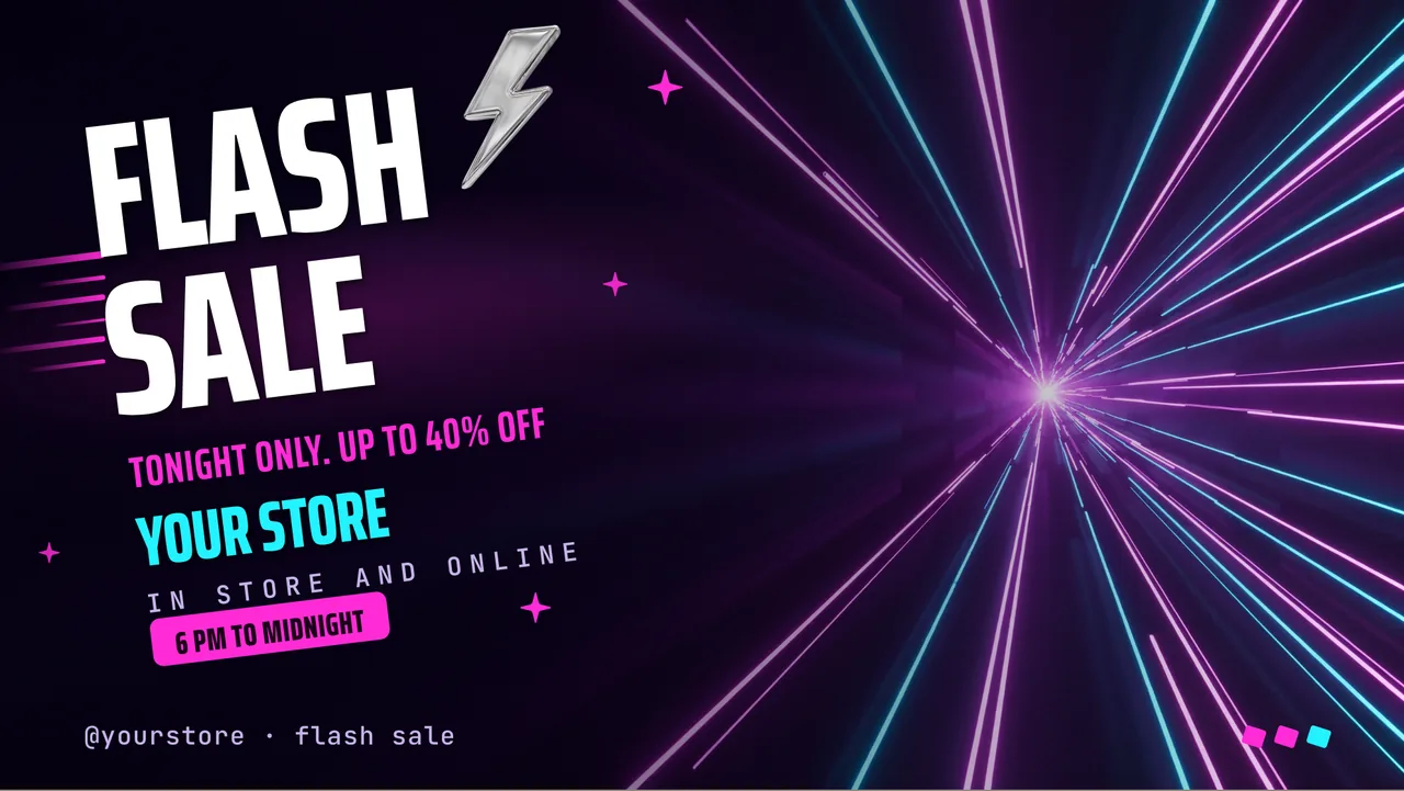 Neon flash sale screen · Landscape for a nail or hair salon: slide 1 of 3, the sale headline and top discount
