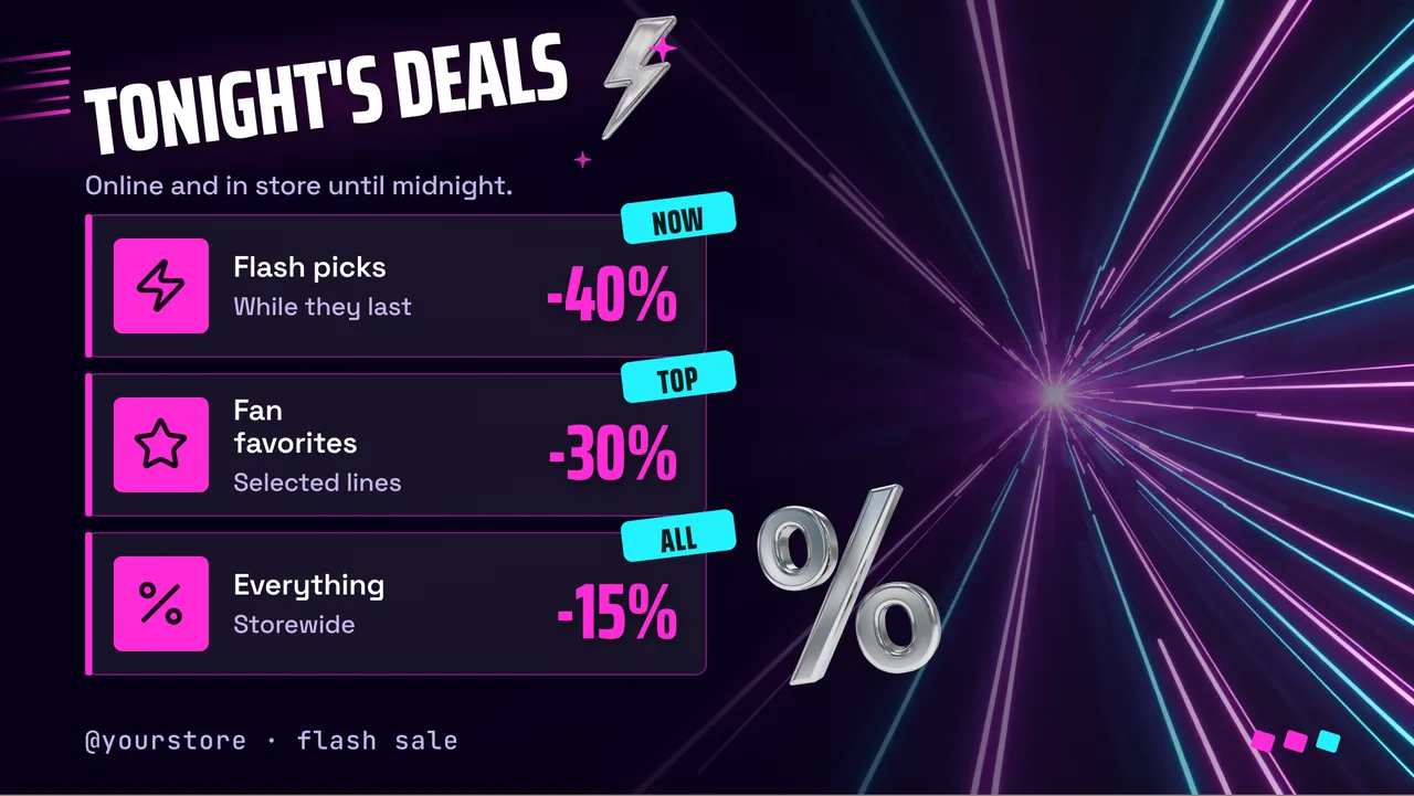 Neon flash sale screen · Landscape for a nail or hair salon: slide 2 of 3, the discount tiers