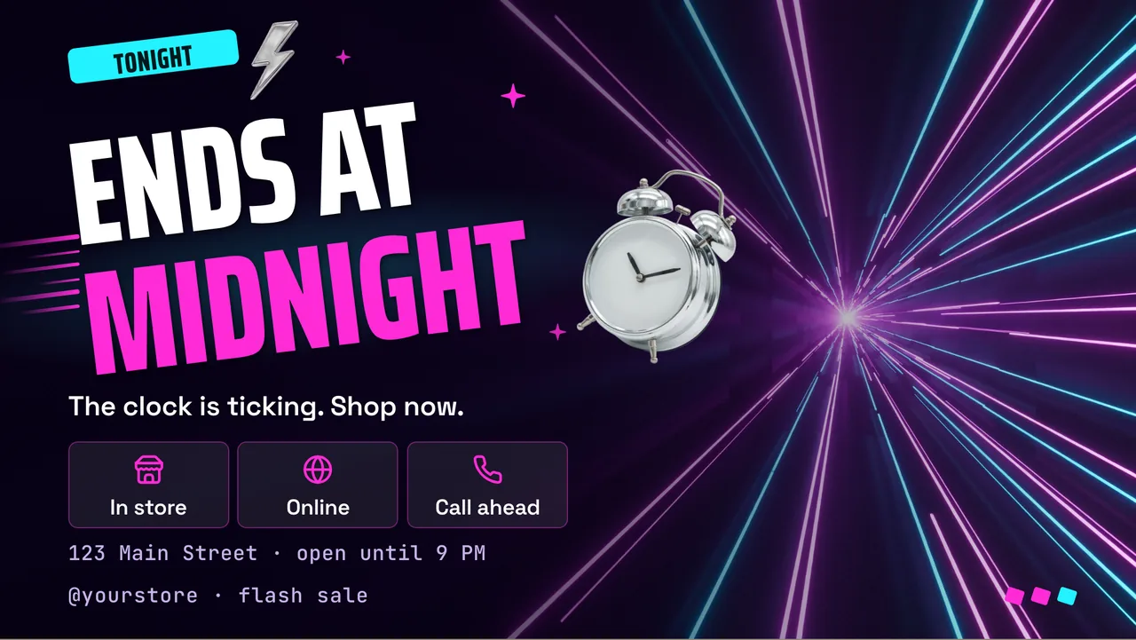 Neon flash sale screen · Landscape for a nail or hair salon: slide 3 of 3, the countdown and where to shop