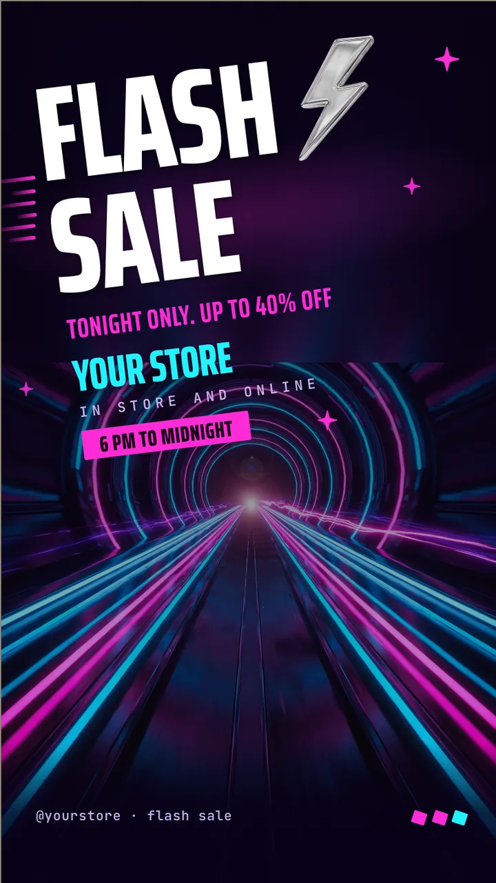 Neon flash sale screen · Portrait for a nail or hair salon: slide 1 of 3, the sale headline and top discount