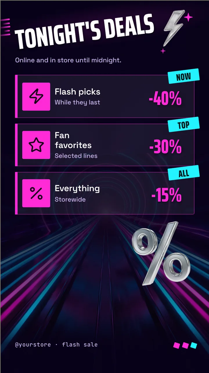 Neon flash sale screen · Portrait for a nail or hair salon: slide 2 of 3, the discount tiers