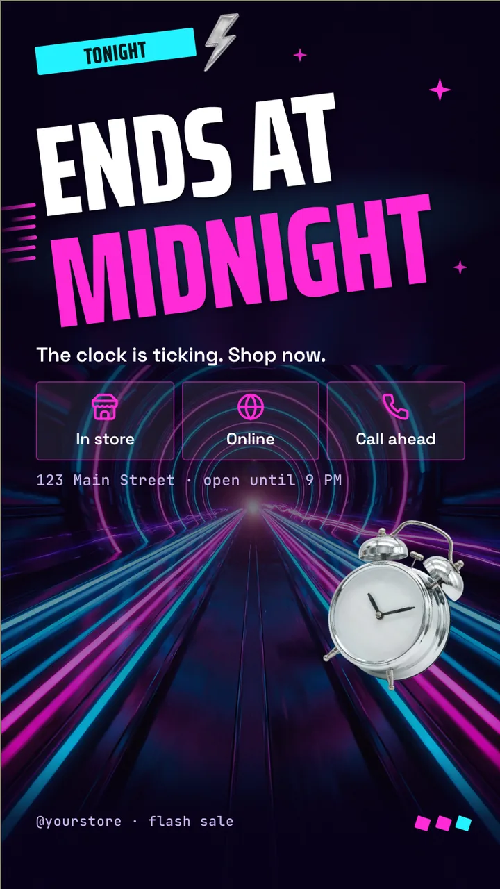 Neon flash sale screen · Portrait for a nail or hair salon: slide 3 of 3, the countdown and where to shop