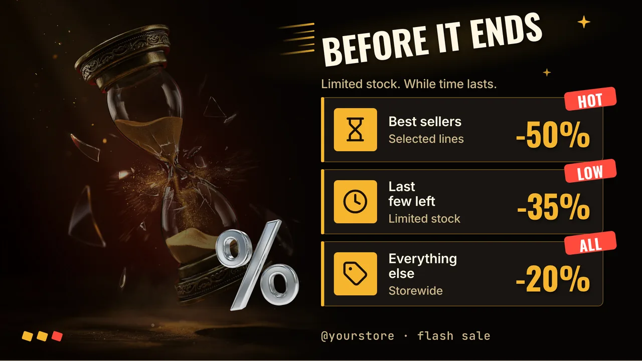 Last hours flash sale screen · Landscape for a shop window facing the street: slide 2 of 3, the discount tiers