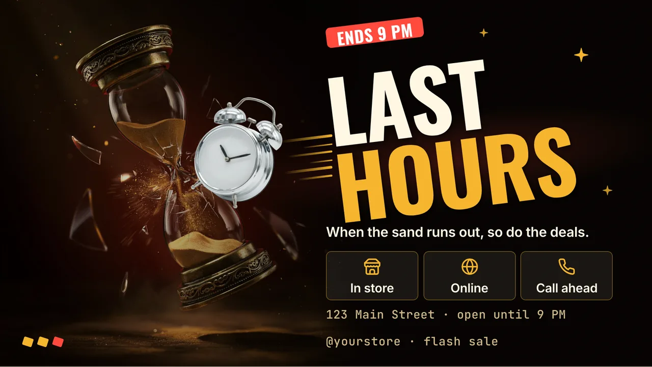 Last hours flash sale screen · Landscape for a shop window facing the street: slide 3 of 3, the countdown and where to shop