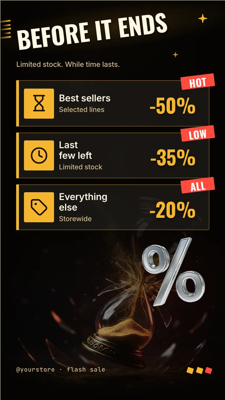 Last hours flash sale screen · Portrait for a shop window facing the street: slide 2 of 3, the discount tiers