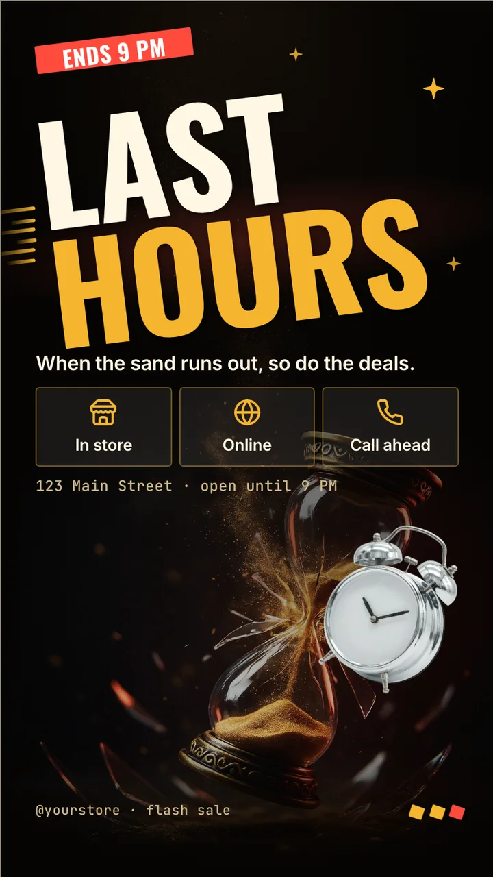 Last hours flash sale screen · Portrait for a shop window facing the street: slide 3 of 3, the countdown and where to shop
