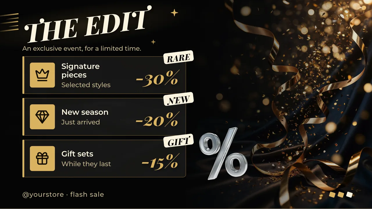 Luxury gold flash sale screen · Landscape for a jewelry or luxury store: slide 2 of 3, the discount tiers
