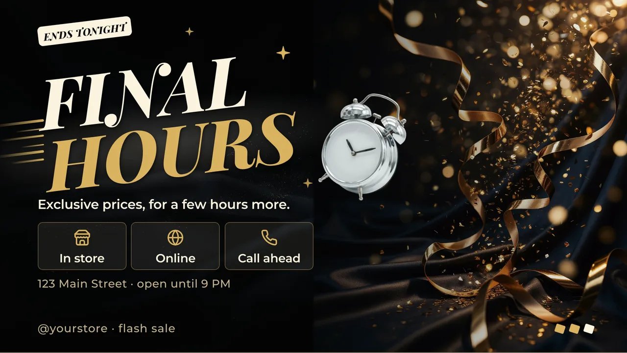 Luxury gold flash sale screen · Landscape for a jewelry or luxury store: slide 3 of 3, the countdown and where to shop