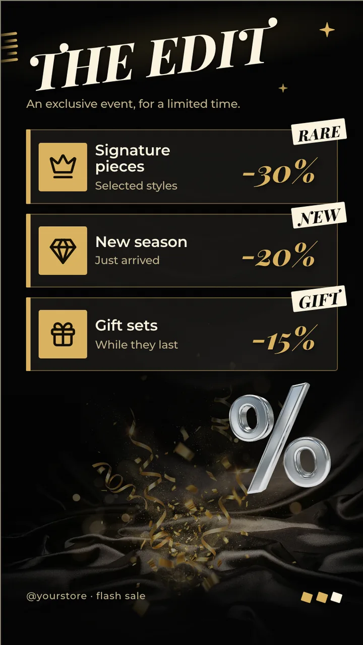 Luxury gold flash sale screen · Portrait for a jewelry or luxury store: slide 2 of 3, the discount tiers
