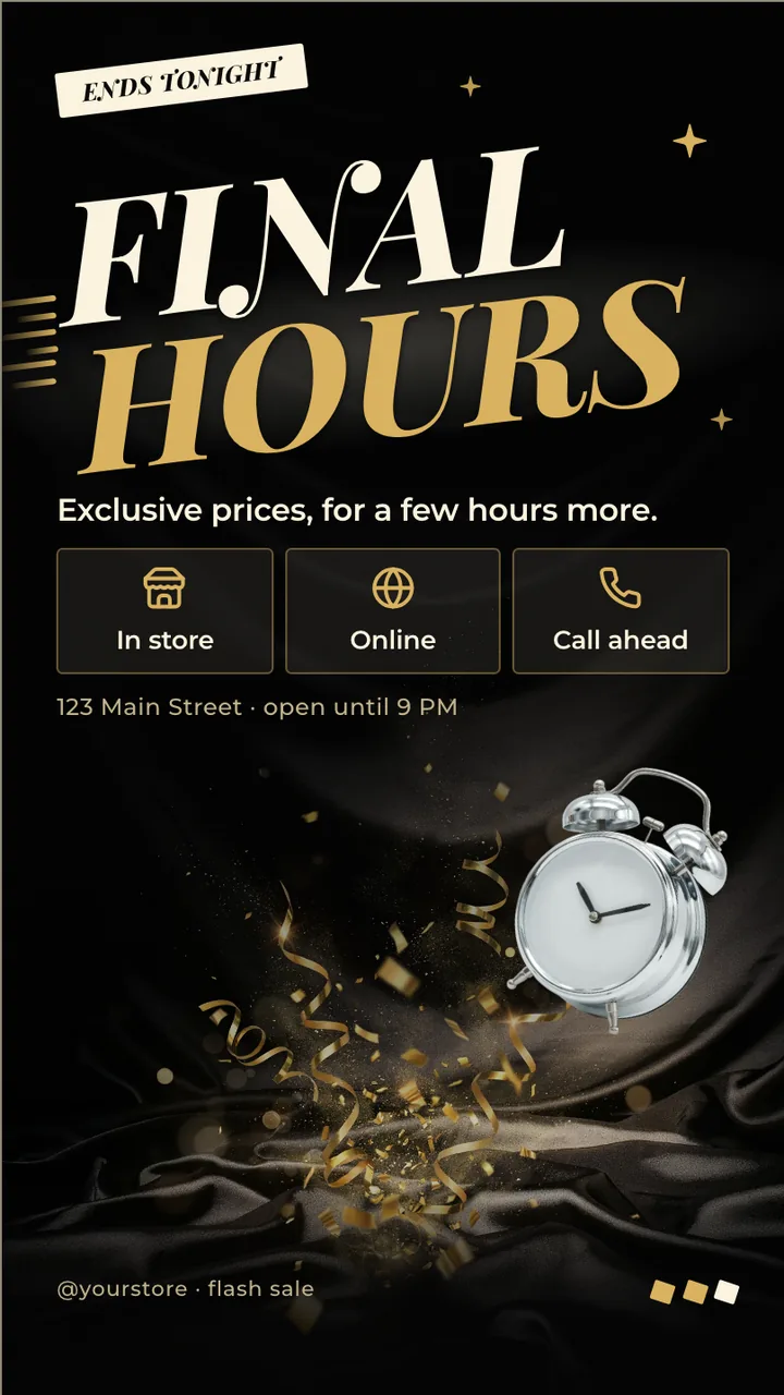 Luxury gold flash sale screen · Portrait for a jewelry or luxury store: slide 3 of 3, the countdown and where to shop