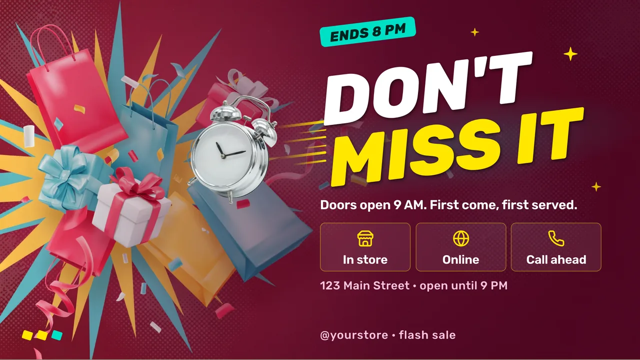 Pop art flash sale screen · Landscape for a convenience store or gift shop: slide 3 of 3, the countdown and where to shop