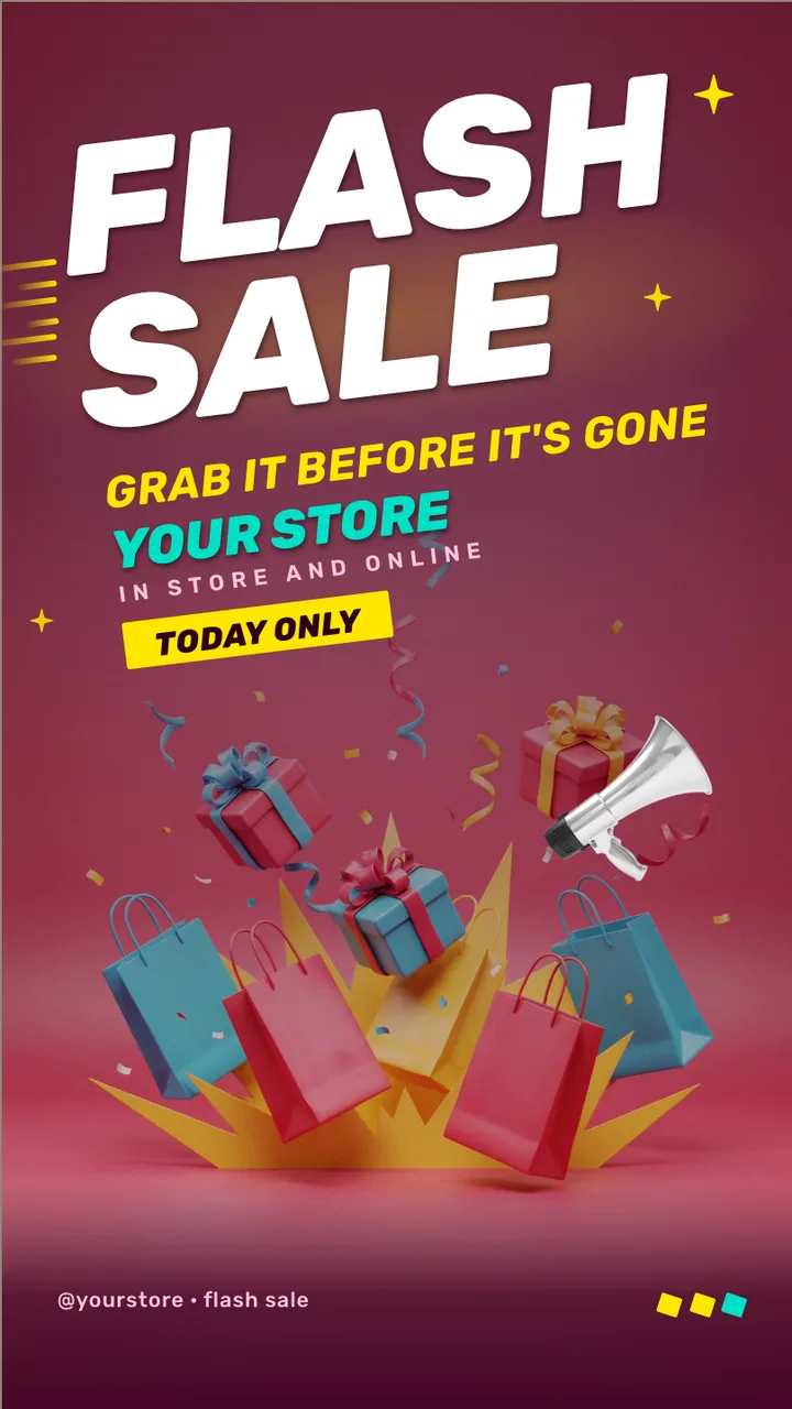 Pop art flash sale screen · Portrait for a convenience store or gift shop: slide 1 of 3, the sale headline and top discount