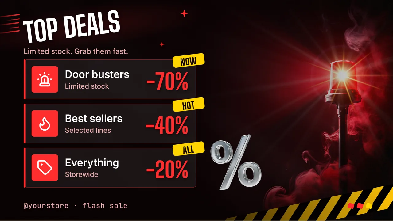 Red alert flash sale screen · Landscape for a store running a clearance sale: slide 2 of 3, the discount tiers