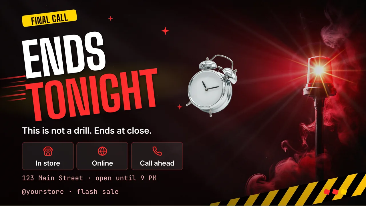 Red alert flash sale screen · Landscape for a store running a clearance sale: slide 3 of 3, the countdown and where to shop
