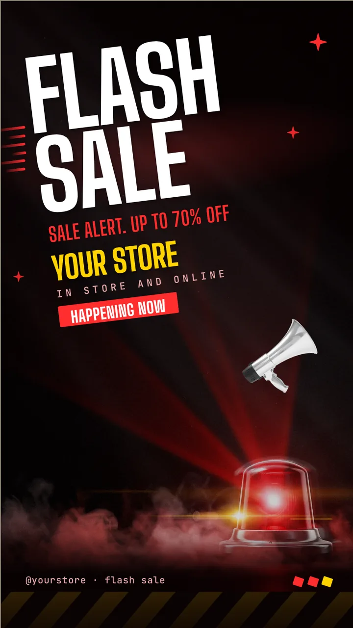 Red alert flash sale screen · Portrait for a store running a clearance sale: slide 1 of 3, the sale headline and top discount