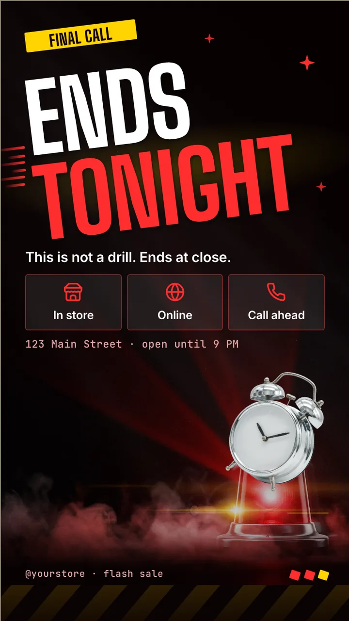 Red alert flash sale screen · Portrait for a store running a clearance sale: slide 3 of 3, the countdown and where to shop