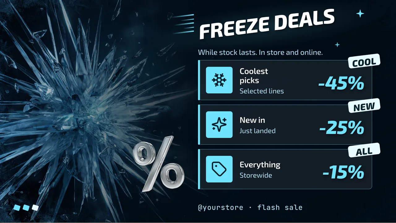 Ice blue flash sale screen · Landscape for a store running a winter sale: slide 2 of 3, the discount tiers
