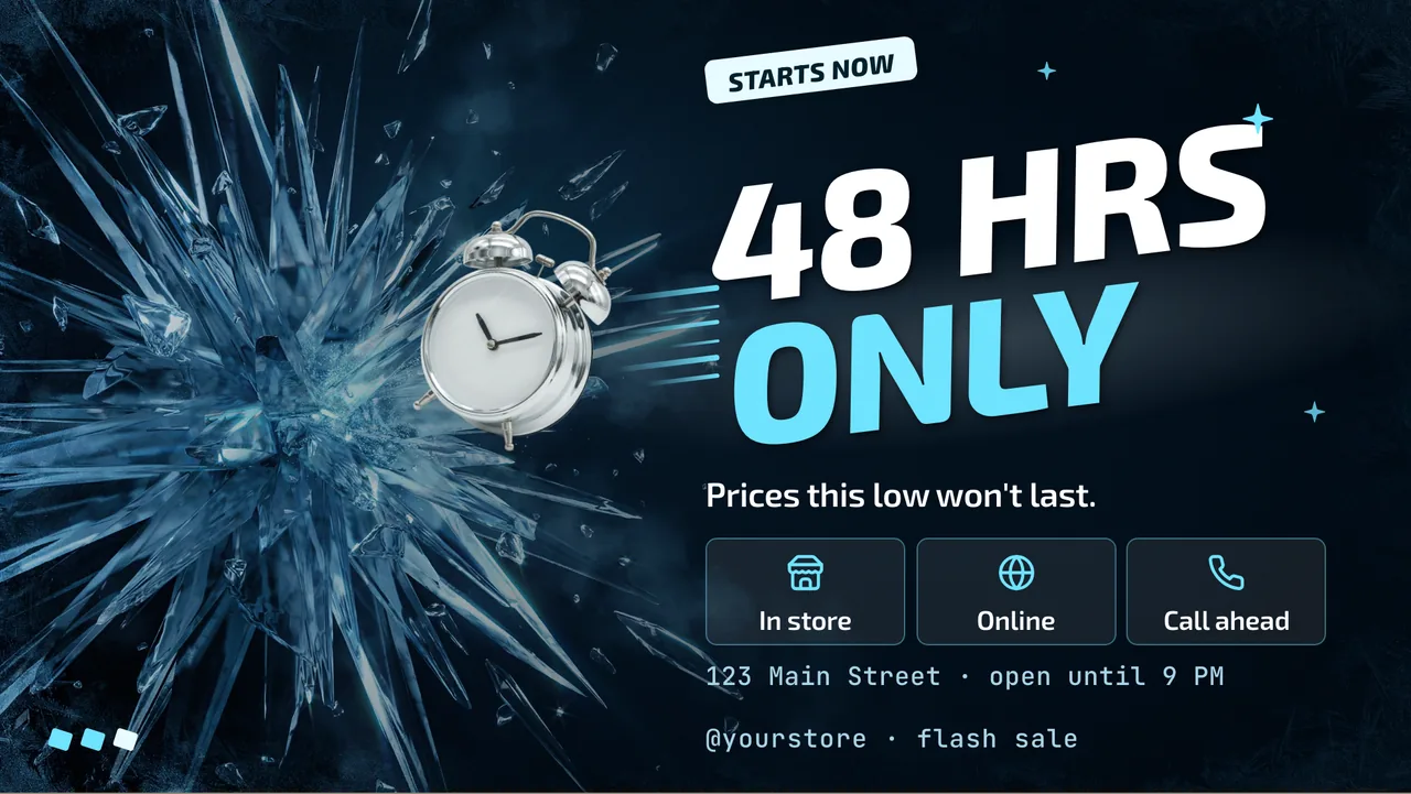 Ice blue flash sale screen · Landscape for a store running a winter sale: slide 3 of 3, the countdown and where to shop