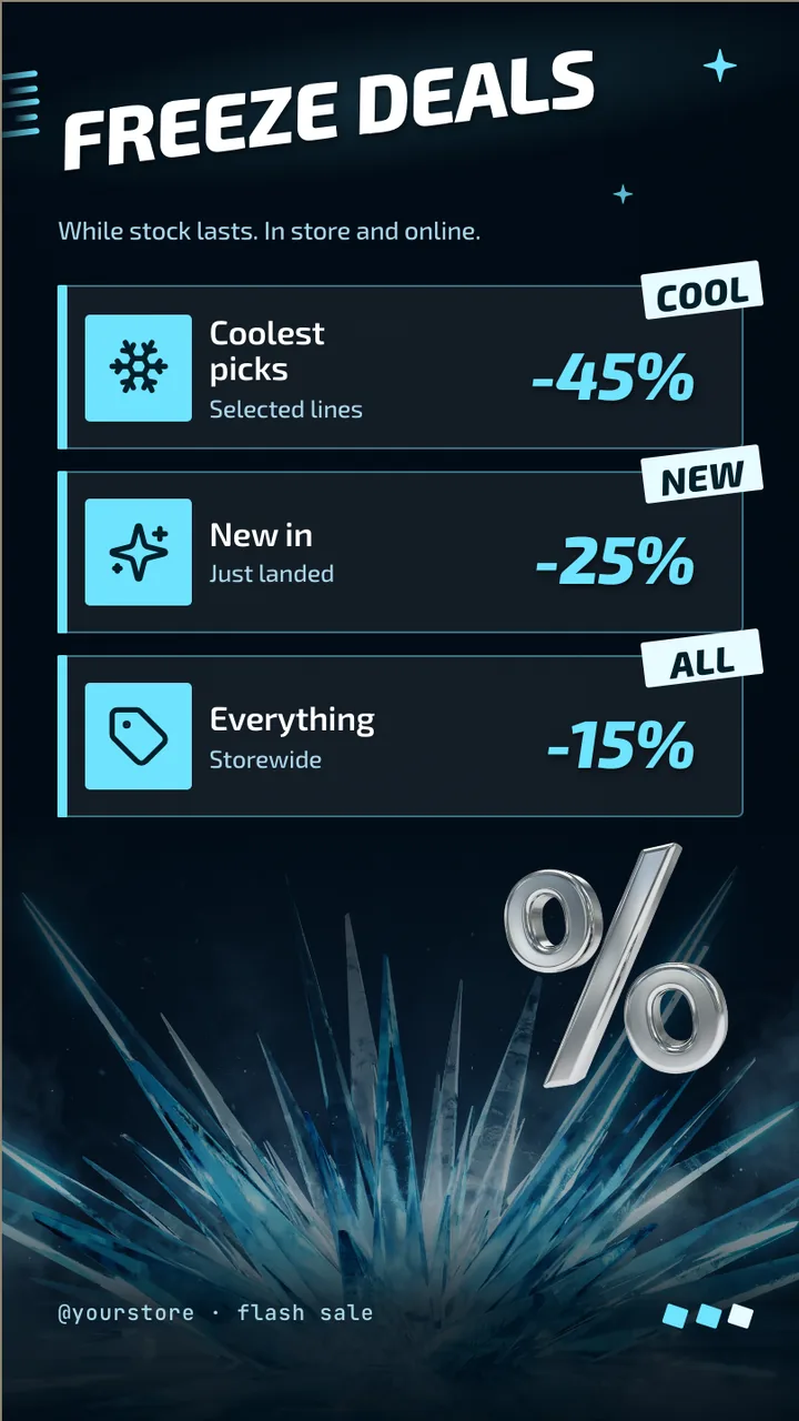 Ice blue flash sale screen · Portrait for a store running a winter sale: slide 2 of 3, the discount tiers