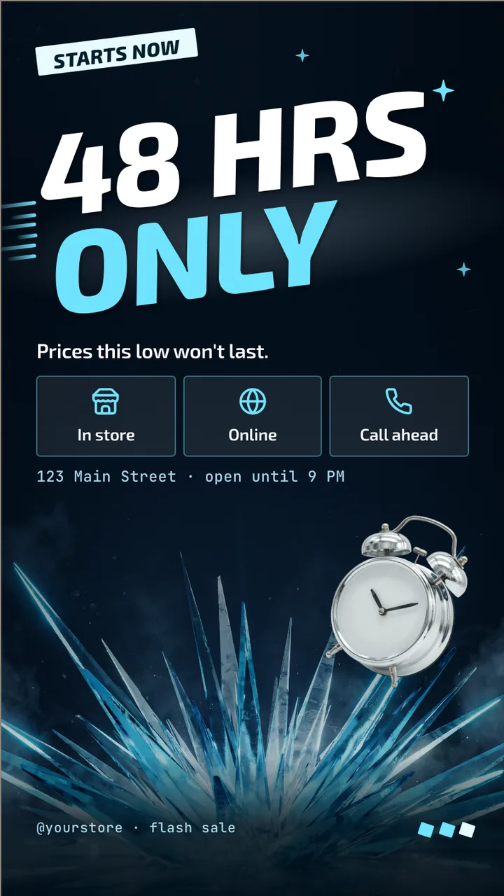 Ice blue flash sale screen · Portrait for a store running a winter sale: slide 3 of 3, the countdown and where to shop