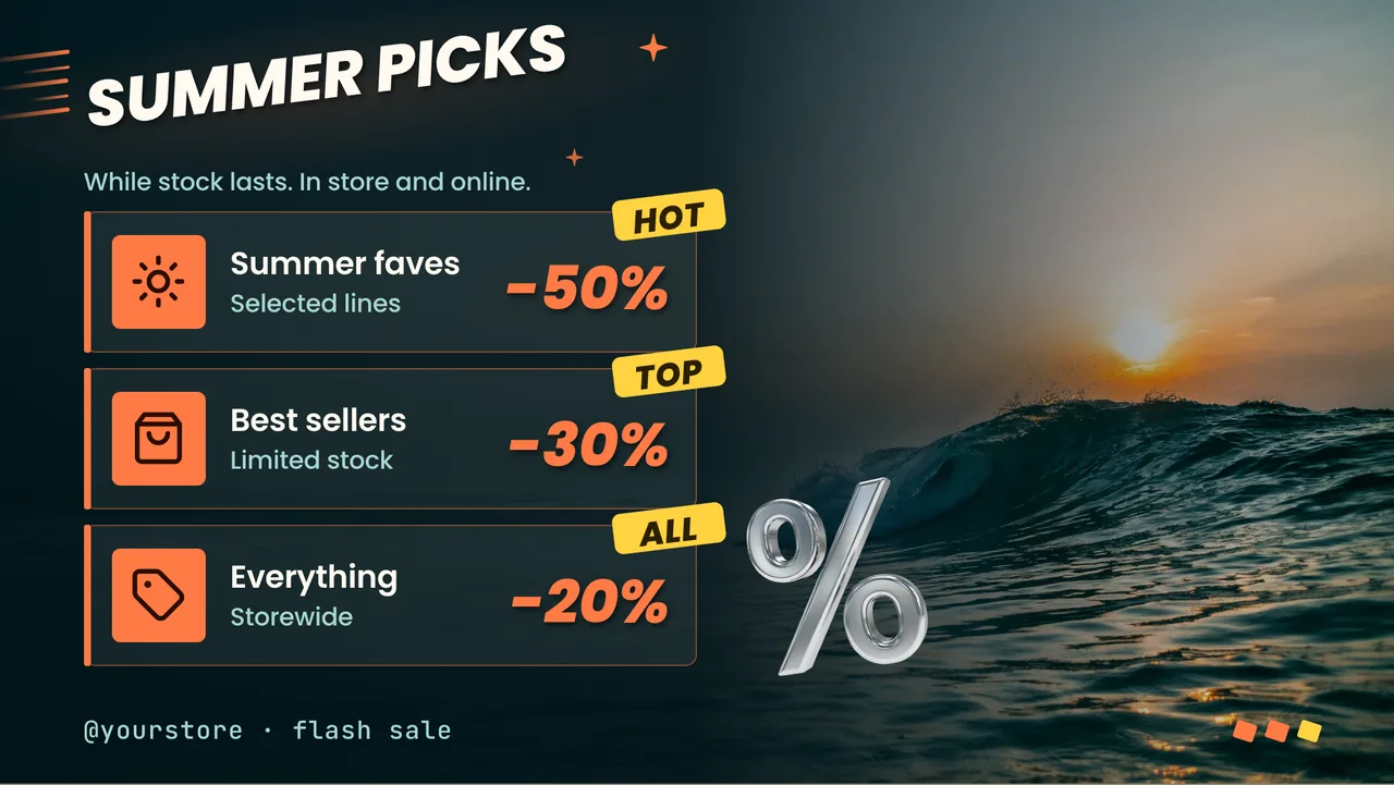 Summer flash sale screen · Landscape for a surf shop or summer store: slide 2 of 3, the discount tiers