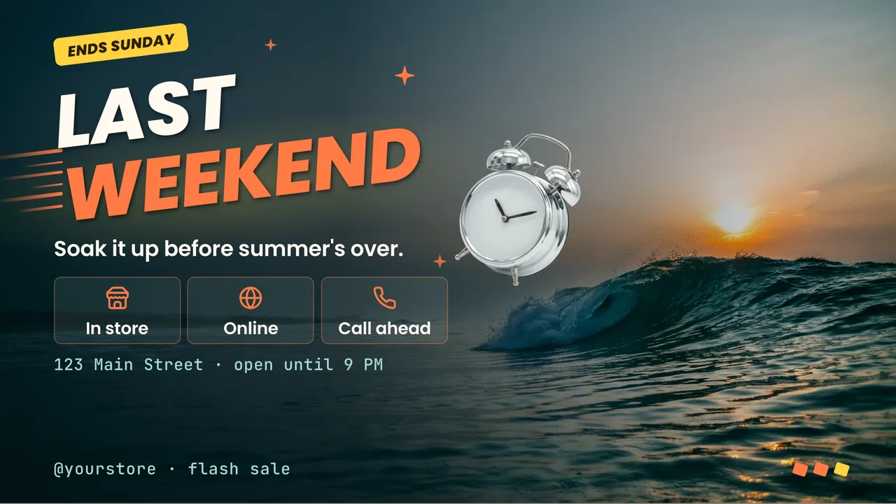 Summer flash sale screen · Landscape for a surf shop or summer store: slide 3 of 3, the countdown and where to shop
