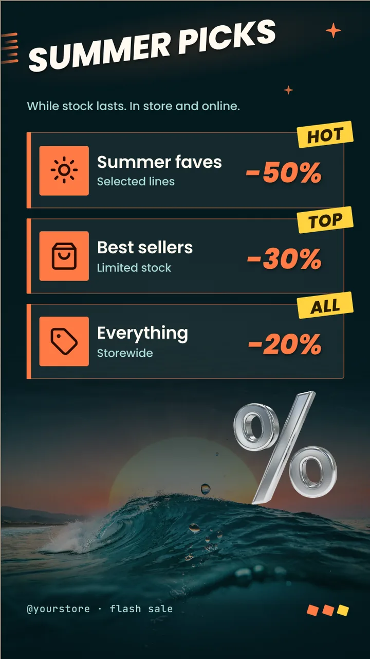 Summer flash sale screen · Portrait for a surf shop or summer store: slide 2 of 3, the discount tiers