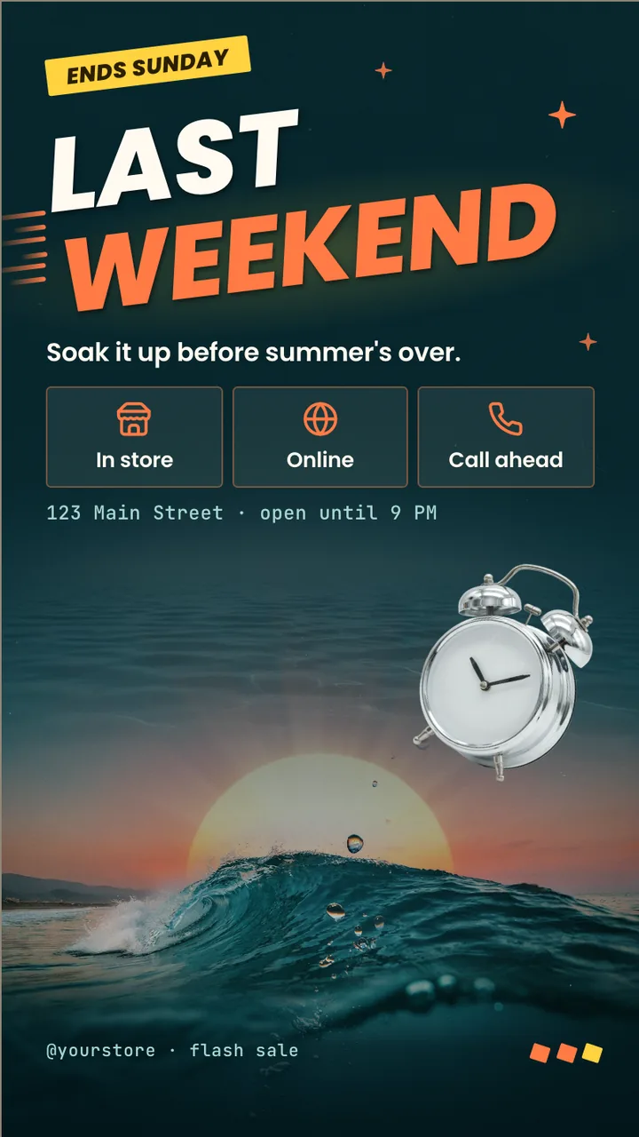 Summer flash sale screen · Portrait for a surf shop or summer store: slide 3 of 3, the countdown and where to shop