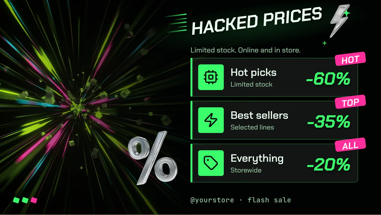 Cyber glitch flash sale screen · Landscape for a cell phone or computer store: slide 2 of 3, the discount tiers