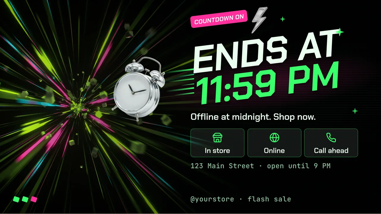 Cyber glitch flash sale screen · Landscape for a cell phone or computer store: slide 3 of 3, the countdown and where to shop