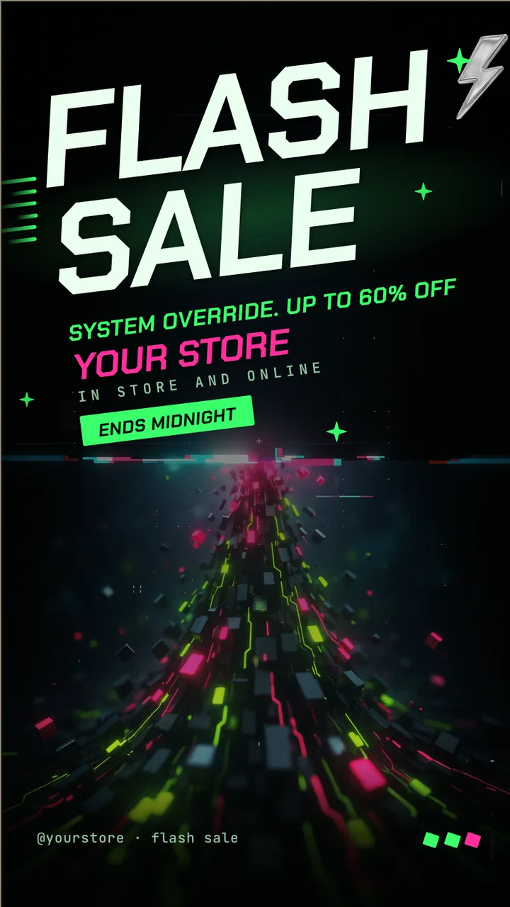 Cyber glitch flash sale screen · Portrait for a cell phone or computer store: slide 1 of 3, the sale headline and top discount