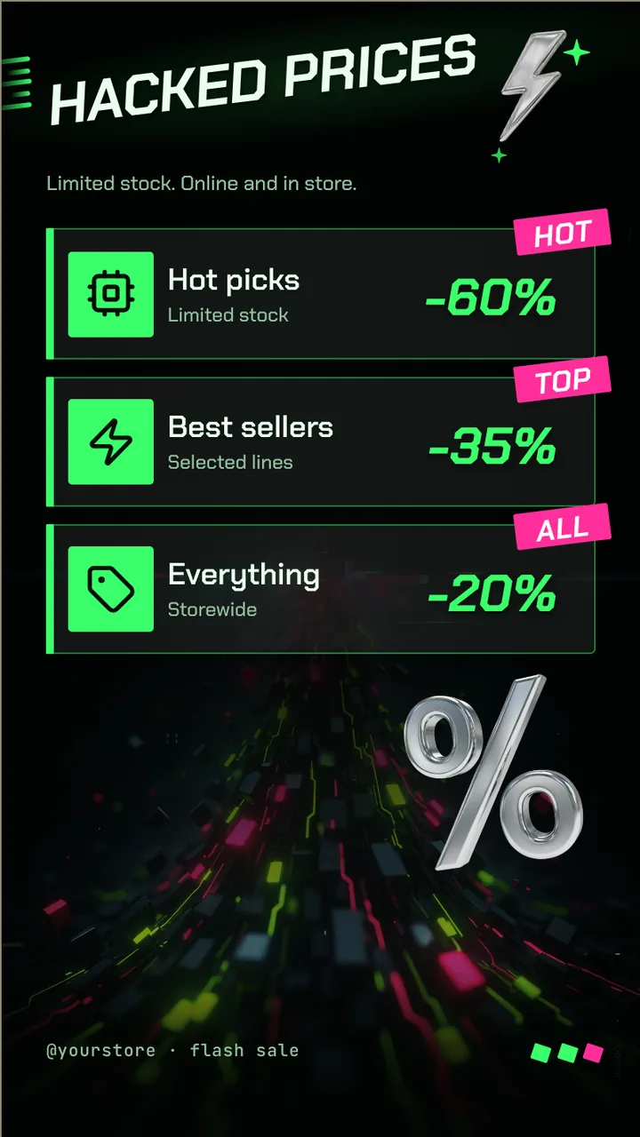 Cyber glitch flash sale screen · Portrait for a cell phone or computer store: slide 2 of 3, the discount tiers
