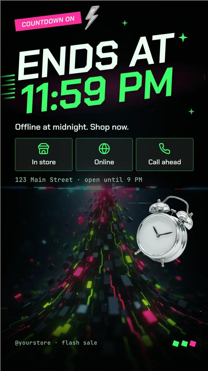 Cyber glitch flash sale screen · Portrait for a cell phone or computer store: slide 3 of 3, the countdown and where to shop