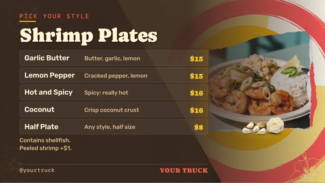Garlic shrimp truck TV menu · Landscape for a garlic shrimp truck: slide 2 of 4, the menu with prices