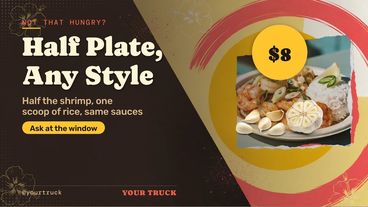Garlic shrimp truck TV menu · Landscape for a garlic shrimp truck: slide 3 of 4, the offer with its price and terms