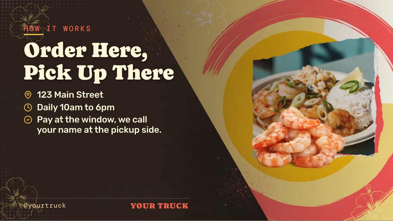 Garlic shrimp truck TV menu · Landscape for a garlic shrimp truck: slide 4 of 4, the address, hours and how to book or order
