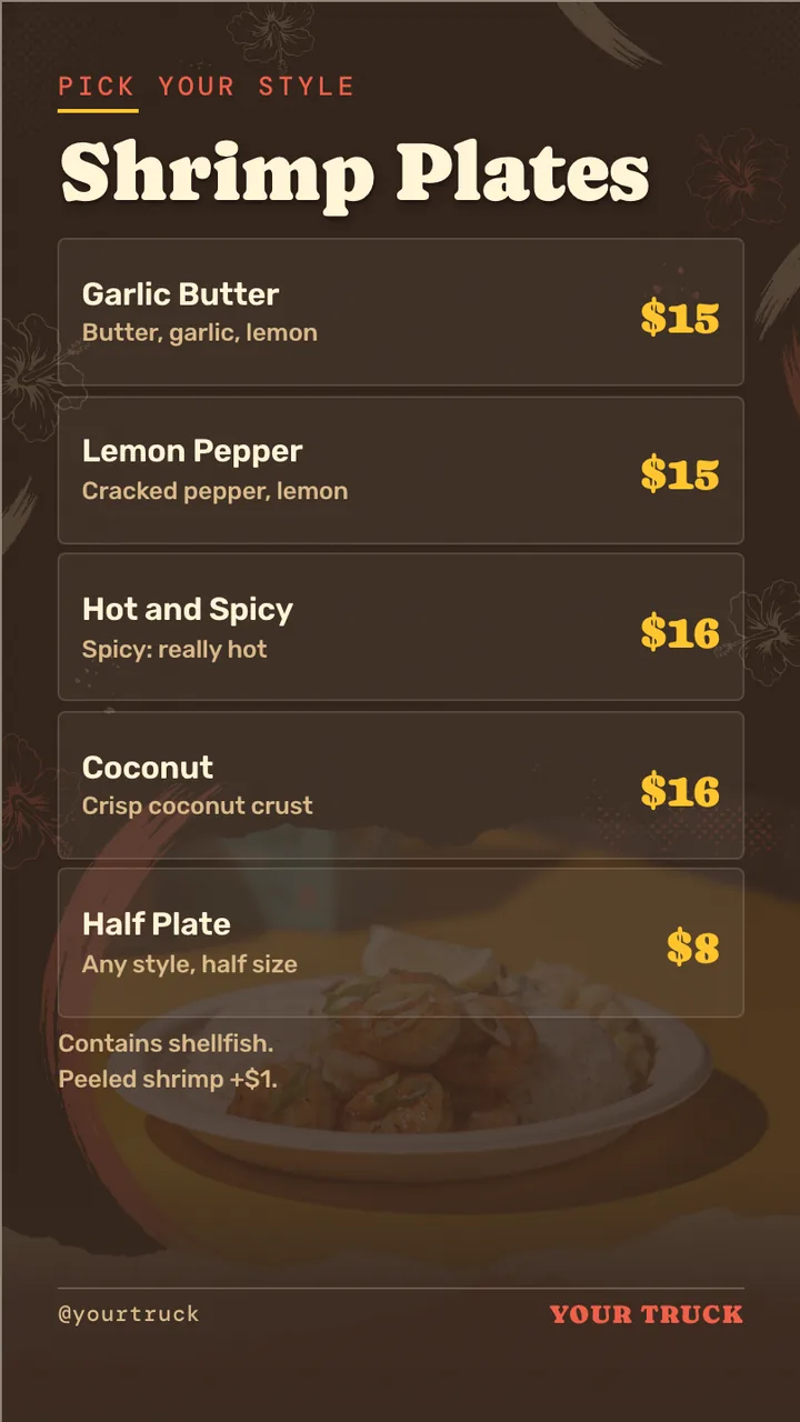 Garlic shrimp truck TV menu · Portrait for a garlic shrimp truck: slide 2 of 4, the menu with prices