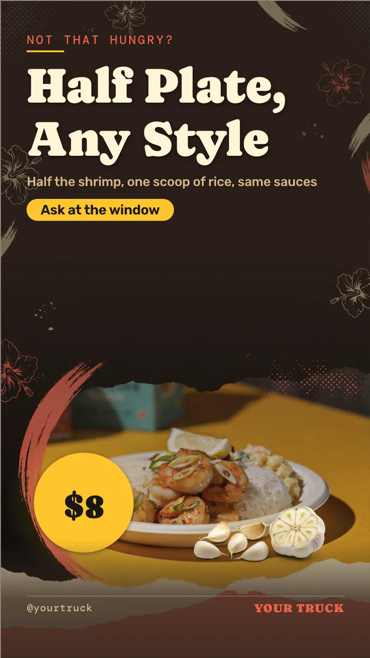 Garlic shrimp truck TV menu · Portrait for a garlic shrimp truck: slide 3 of 4, the offer with its price and terms
