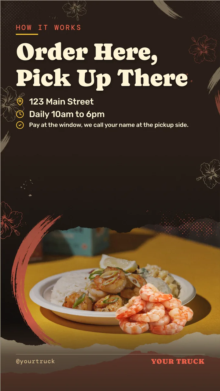 Garlic shrimp truck TV menu · Portrait for a garlic shrimp truck: slide 4 of 4, the address, hours and how to book or order