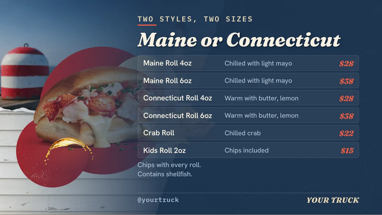Lobster roll truck menu board · Landscape for a lobster roll truck: slide 2 of 4, the menu with prices